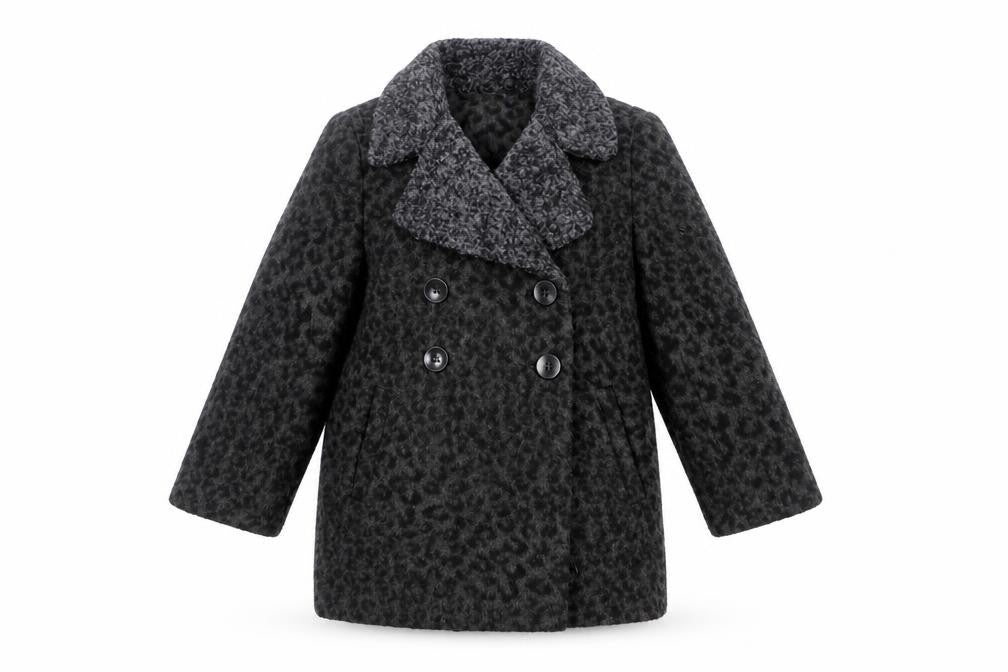 Front view of John Lewis girls’ black animal print pea coat coat, size 4, years button