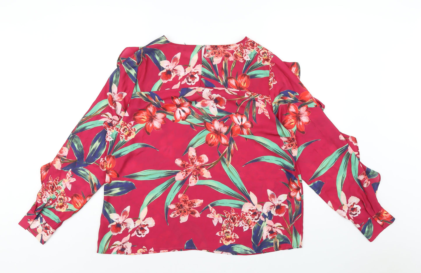 Marks and Spencer Womens Red Floral Polyester Basic Blouse Size 16 Round Neck