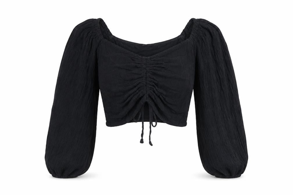 Front view of ASOS women’s black cotton cropped t-shirt, size UK 2, v-neck