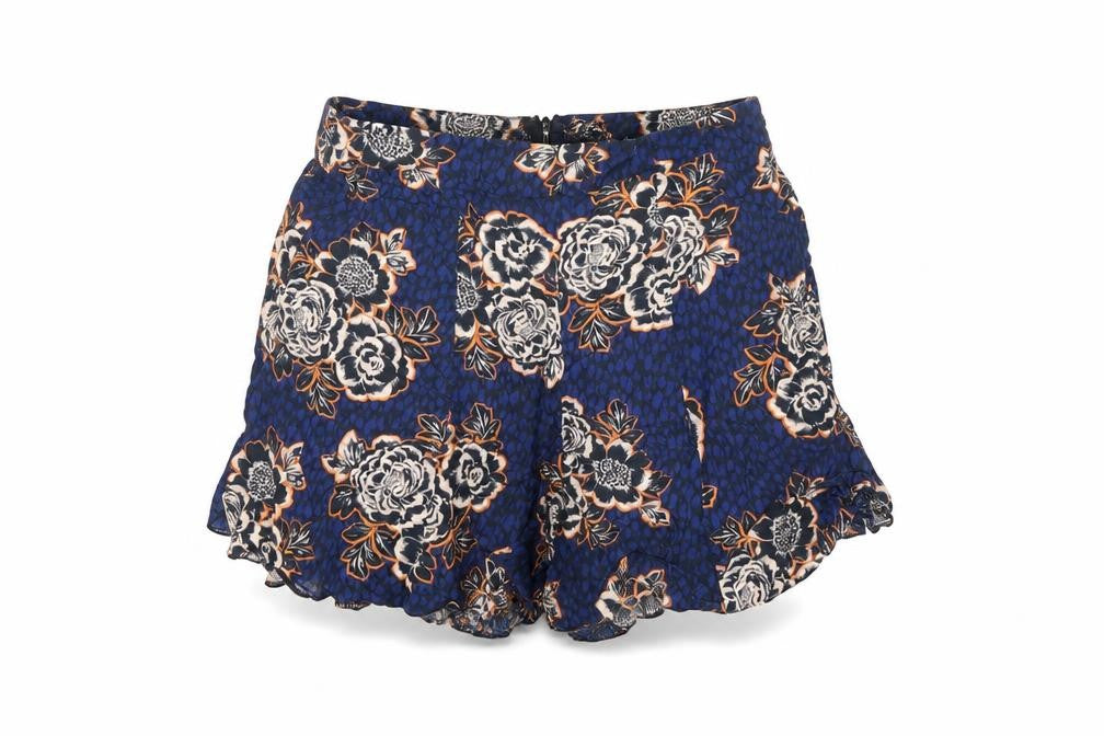 Front view of Miss Selfridge women’s blue floral viscose bermuda shorts, size UK 8, regular zip