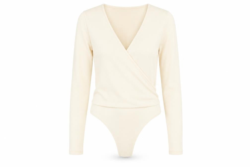 Front view of In the Style women’s ivory polyester bodysuit one-piece, size UK 8, snap