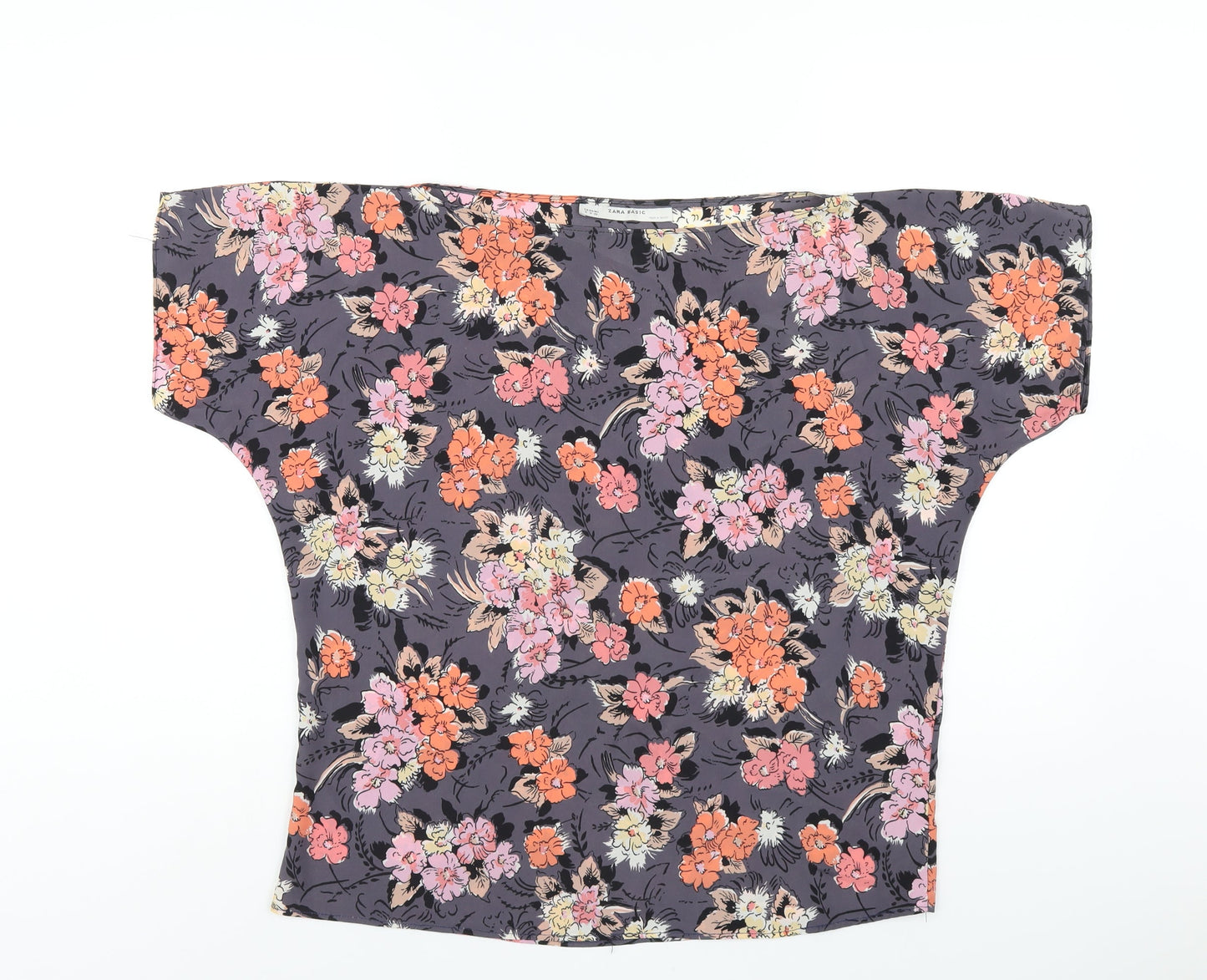 Zara Womens Grey Floral Polyester Basic T-Shirt Size M Boat Neck