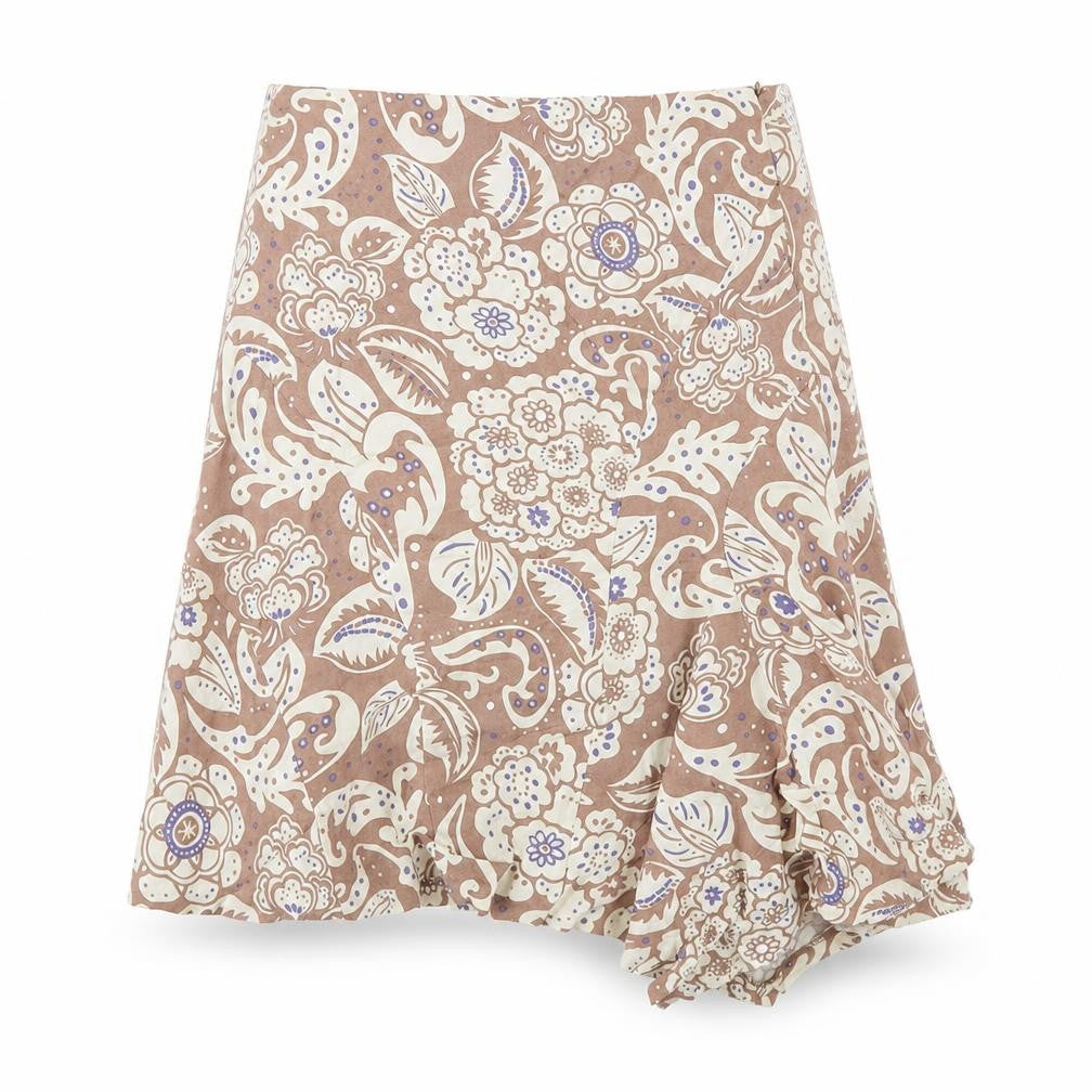 Front view of AMARANTO women’s brown geometric linen a-line skirt, size UK 12, zip