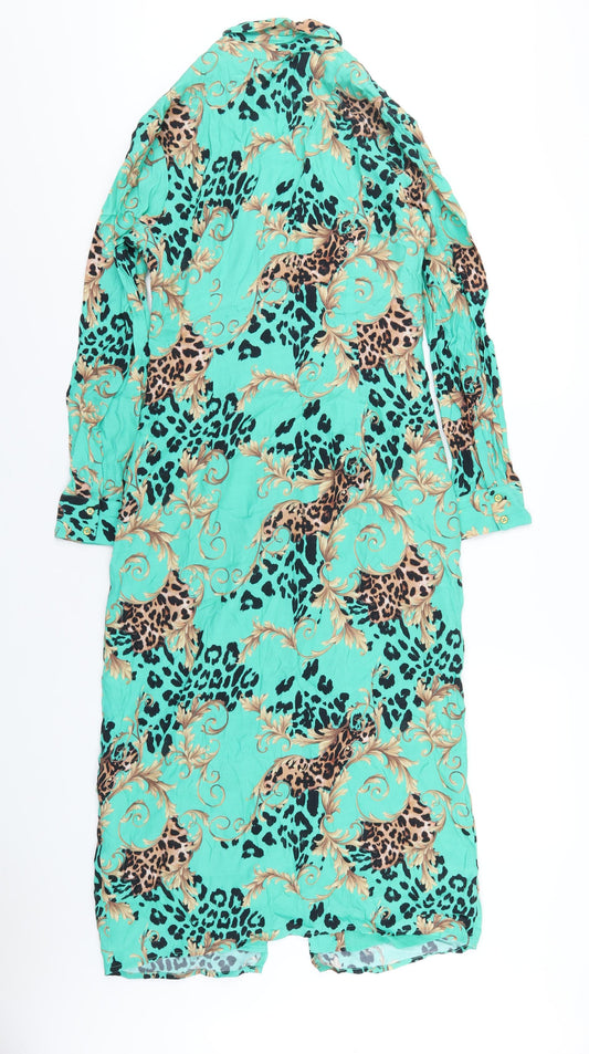 Sosandar Womens Green Geometric Viscose A-Line Size 10 V-Neck Zip