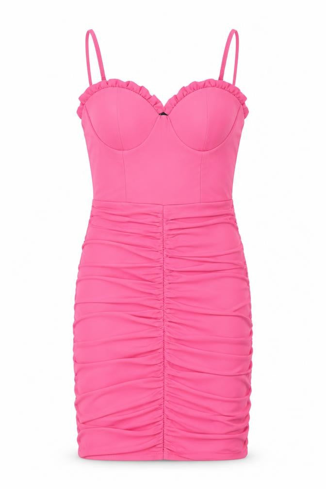Front view of I SAW IT FIRST women’s pink polyester bodycon, size UK 8, sweetheart zip