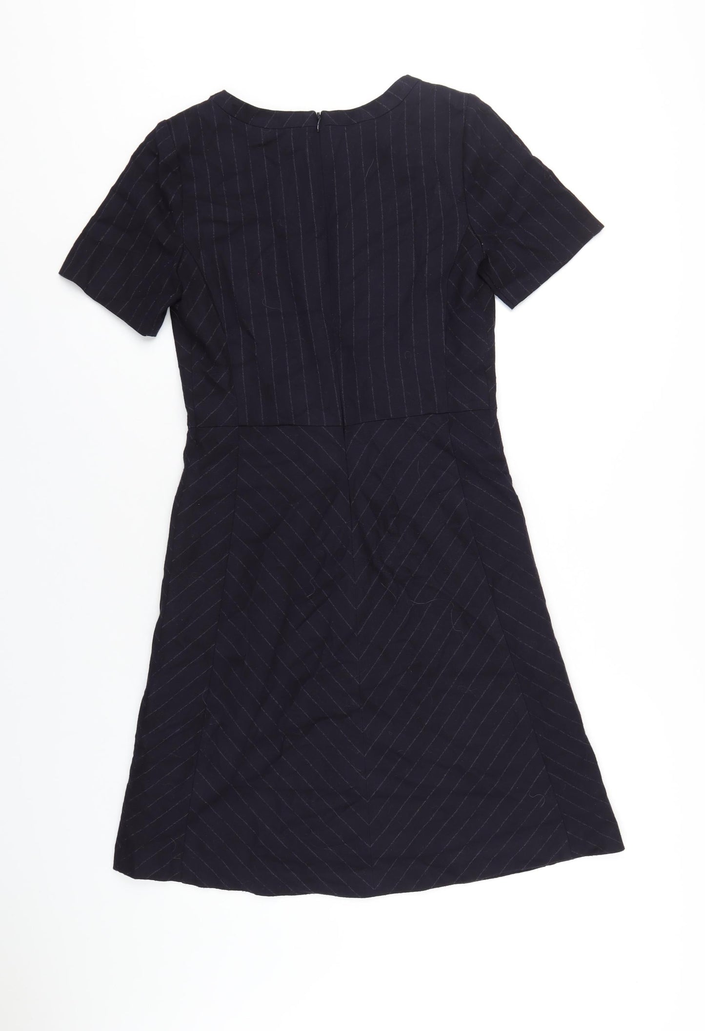 NEXT Womens Blue Striped Polyester A-Line Size 8 Round Neck Zip