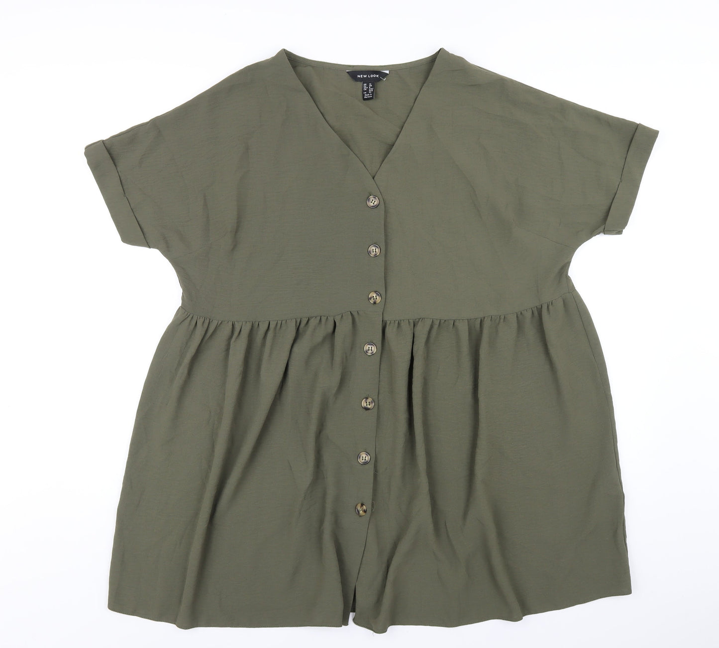 New Look Womens Green Polyester Trapeze & Swing Size 12 V-Neck Button