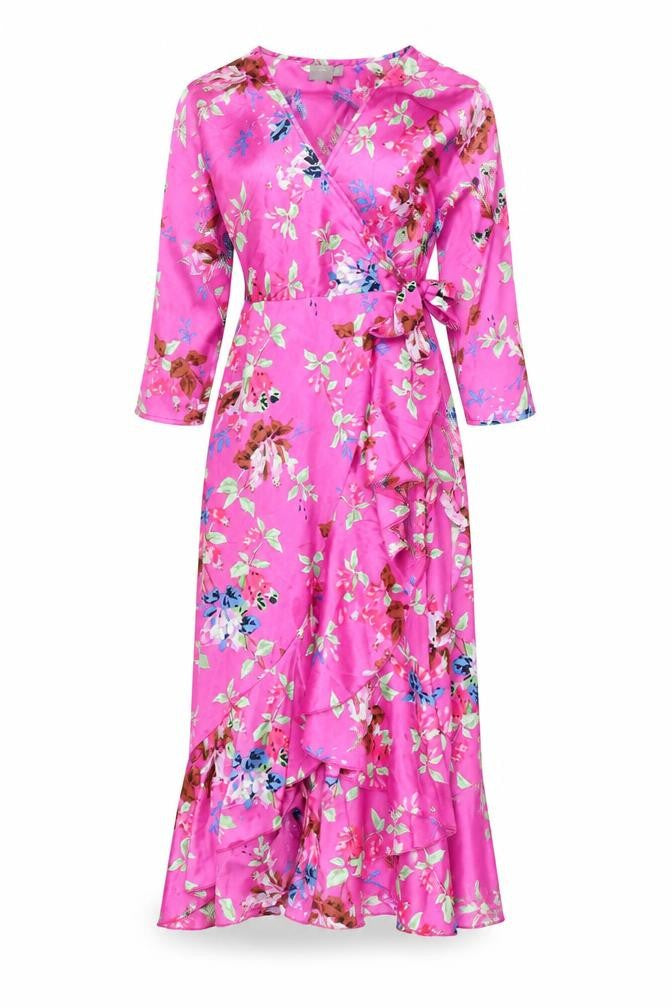 Front view of ASOS women’s pink geometric polyester wrap dress, size UK 8, v-neck tie
