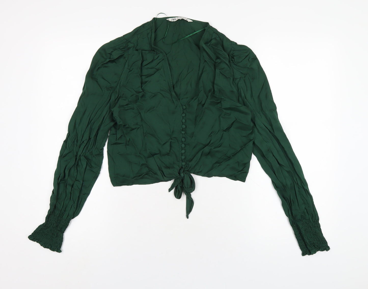 Zara Womens Green Viscose Cropped Blouse Size XS V-Neck