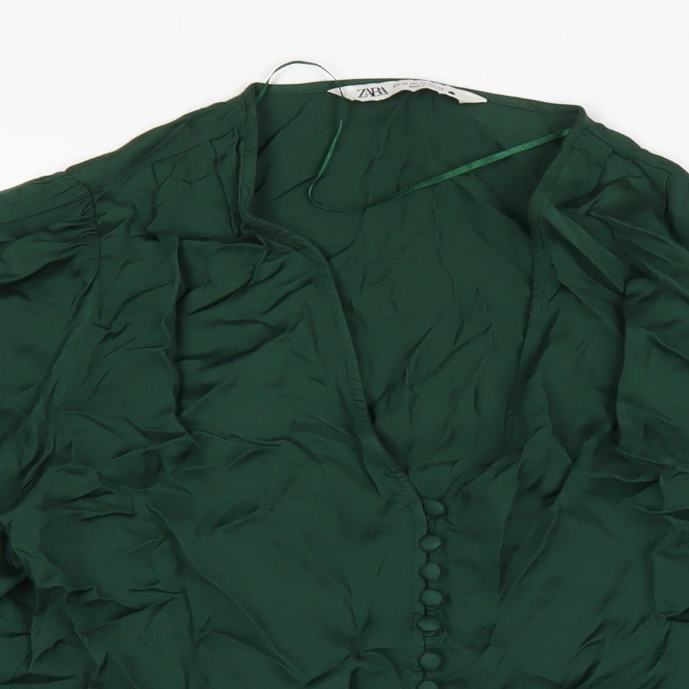 Zara Womens Green Viscose Cropped Blouse Size XS V-Neck