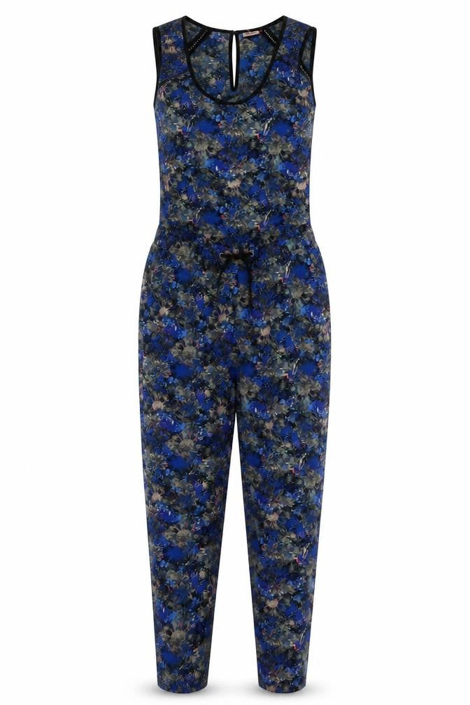 Front view of Only women’s blue geometric polyester jumpsuit one-piece, size UK 8, button