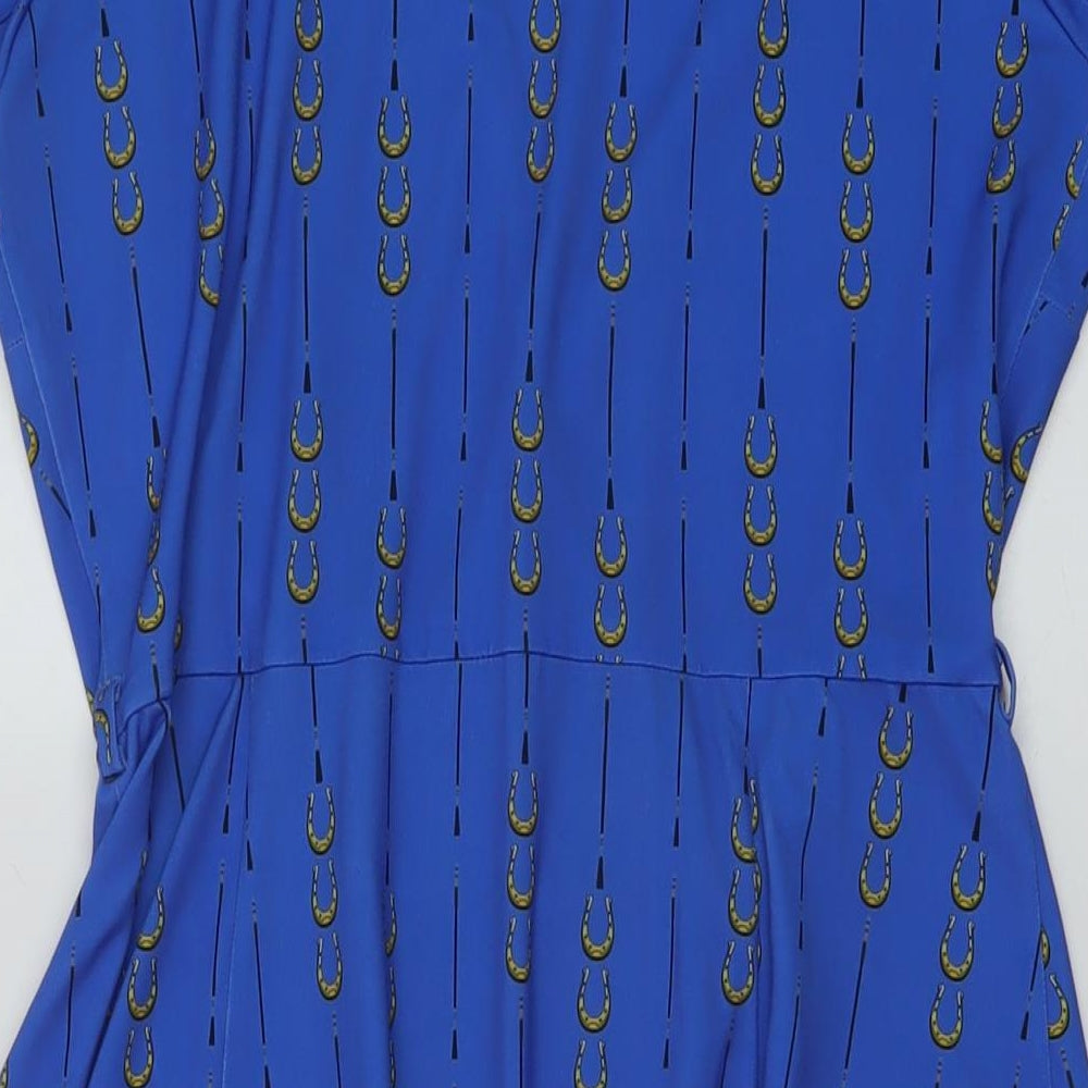 Sosandar Womens Blue Geometric Polyester Wrap Dress Size 12 V-Neck Button