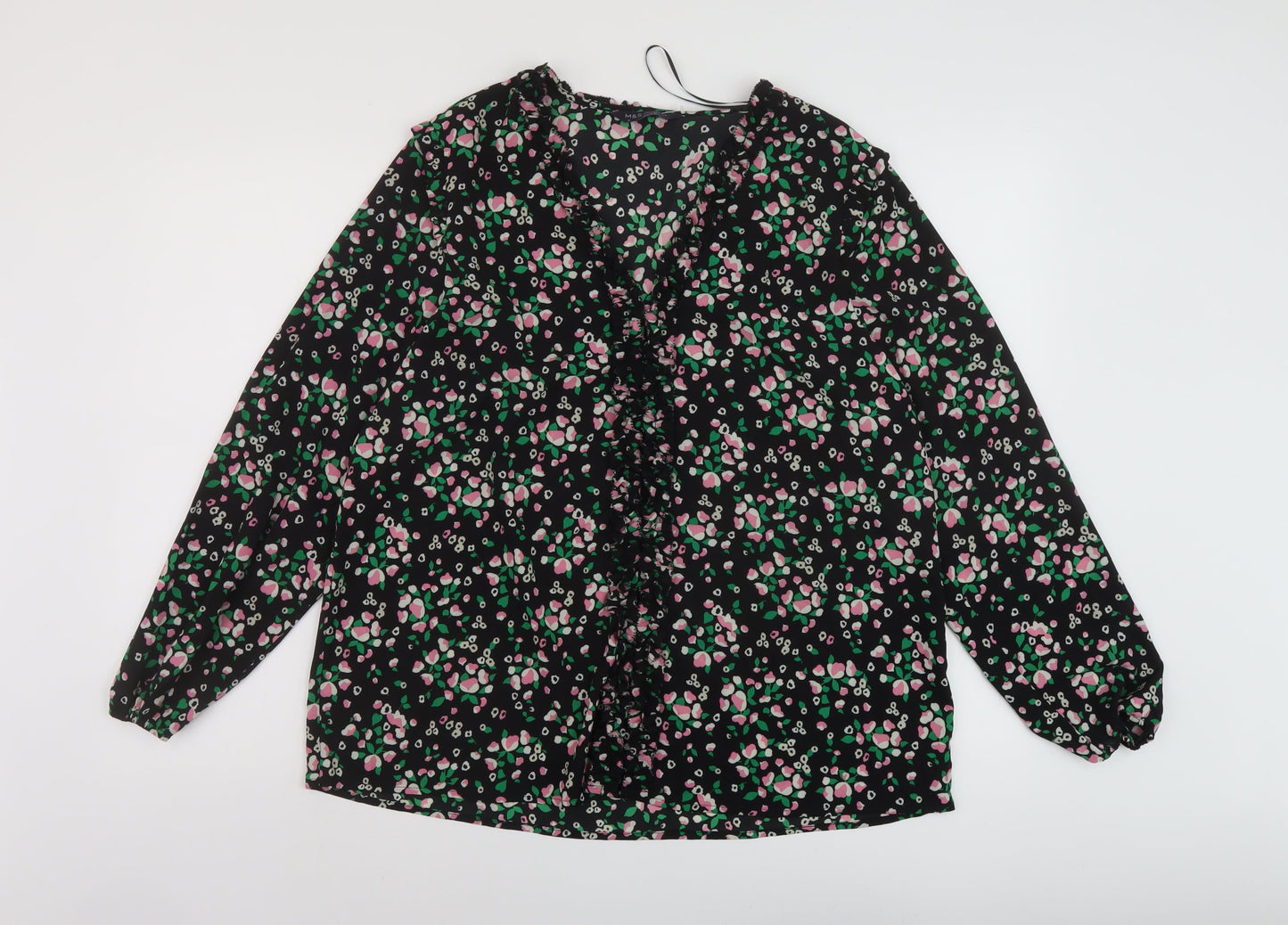 Marks and Spencer Womens Black Floral Polyester Basic Blouse Size 16 V-Neck