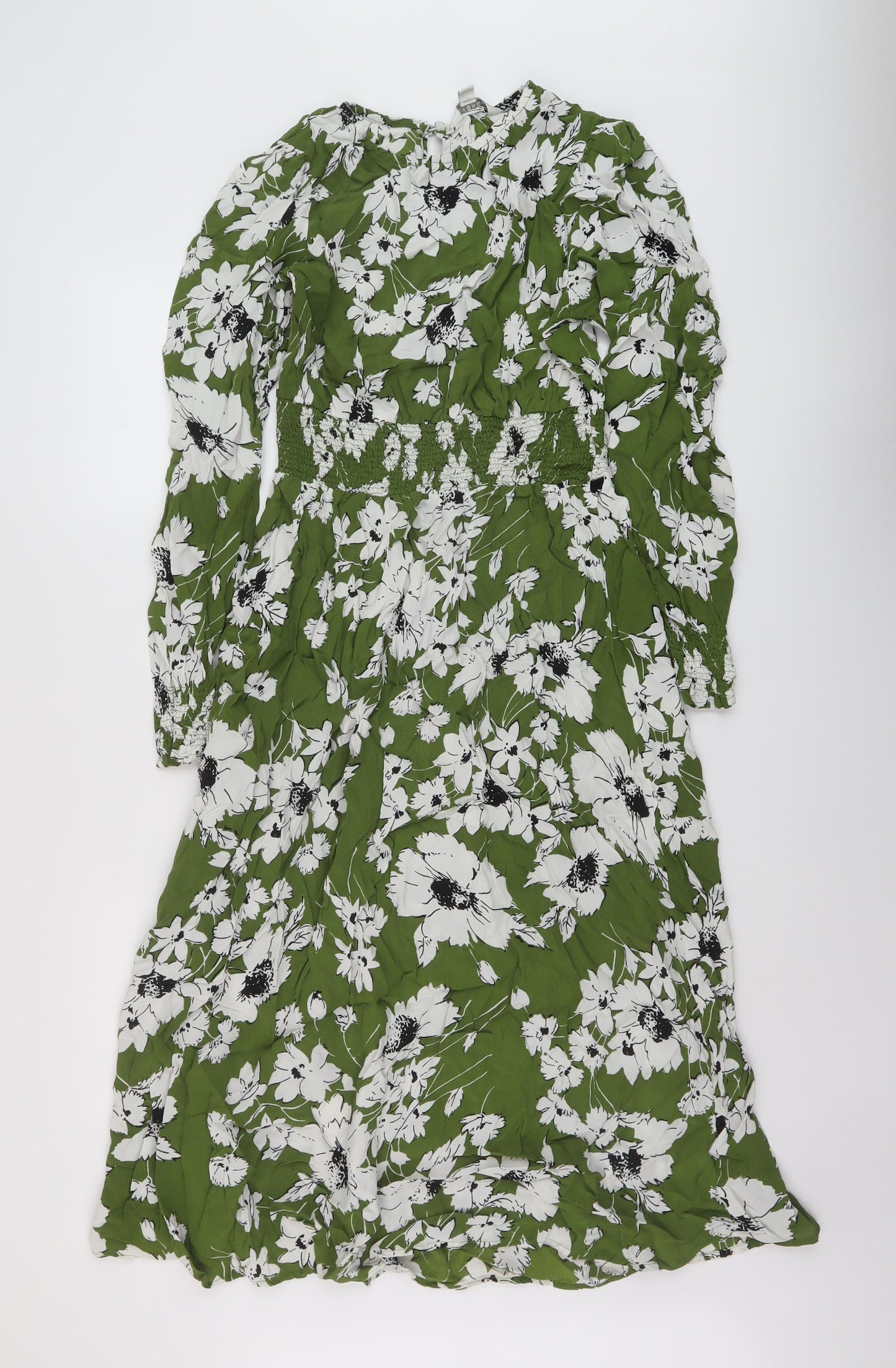Marks and Spencer Womens Green Floral Viscose A-Line Size 12 Round Neck Button