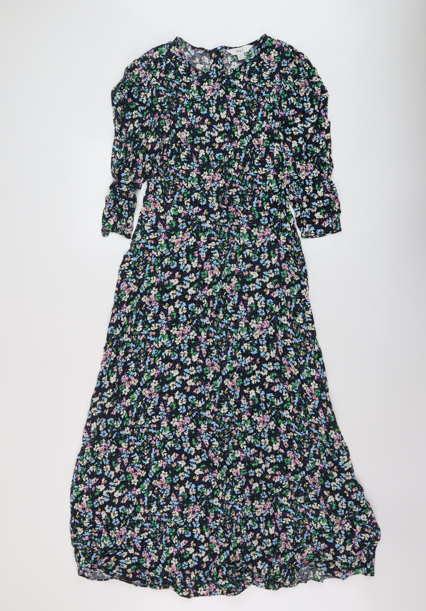 Marks and Spencer Womens Blue Floral Viscose A-Line Size 8 Round Neck Zip