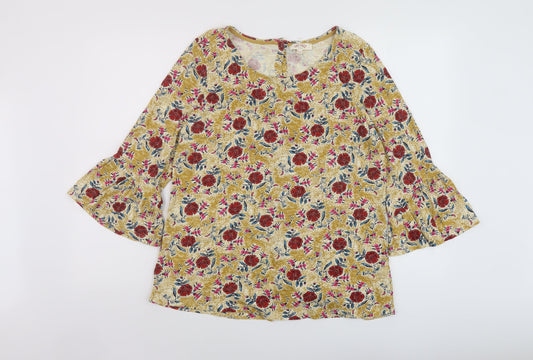 Fate Face Womens Yellow Floral Cotton Basic Blouse Size 12 Round Neck