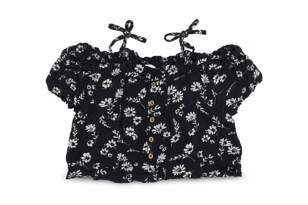 Front view of Next girls’ black floral viscose basic blouse, size 6, years square neck pullover