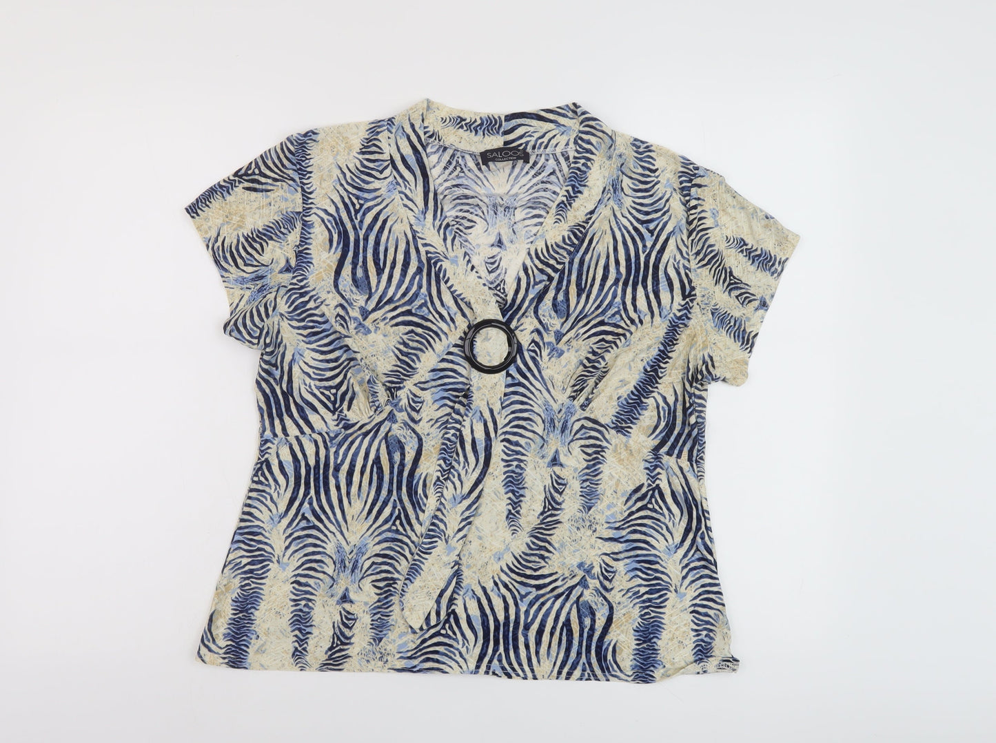Saloos Womens Beige Animal Print Polyester Basic T-Shirt Size L V-Neck