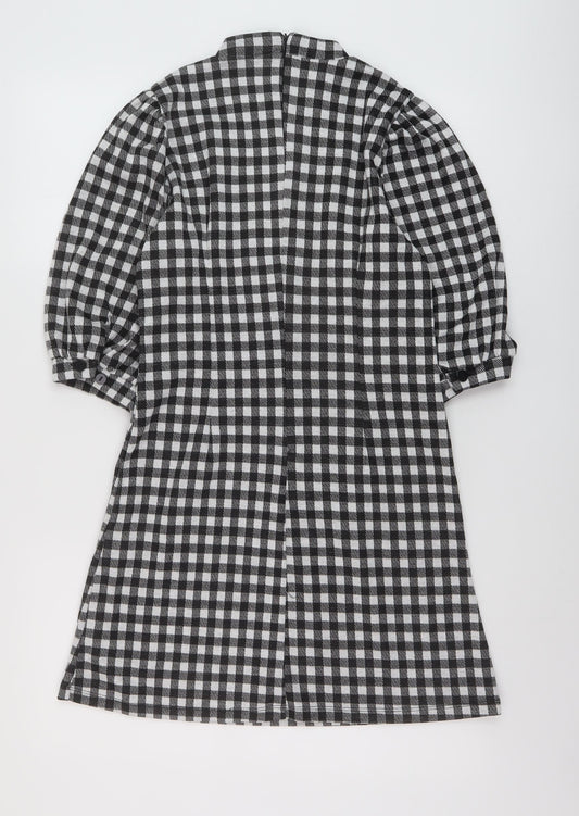 Sinsay Womens Black Check Polyester A-Line Size M Mock Neck Zip