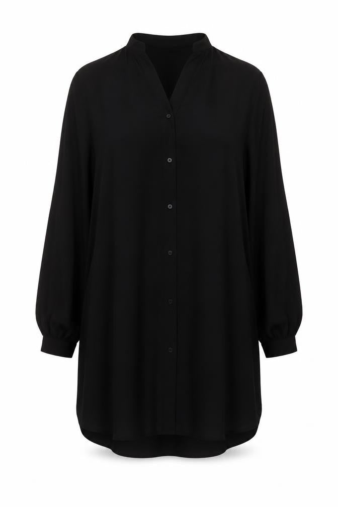 Front view of h7M women’s black polyester tunic blouse, size UK 10, v-neck
