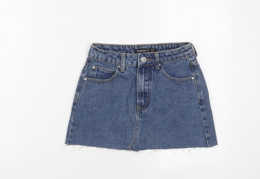 Boohoo Womens Blue Cotton A-Line Skirt Size 4 Zip