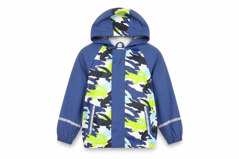 Front view of Lupilo boys’ blue camouflage anorak jacket, size 2-3, years zip
