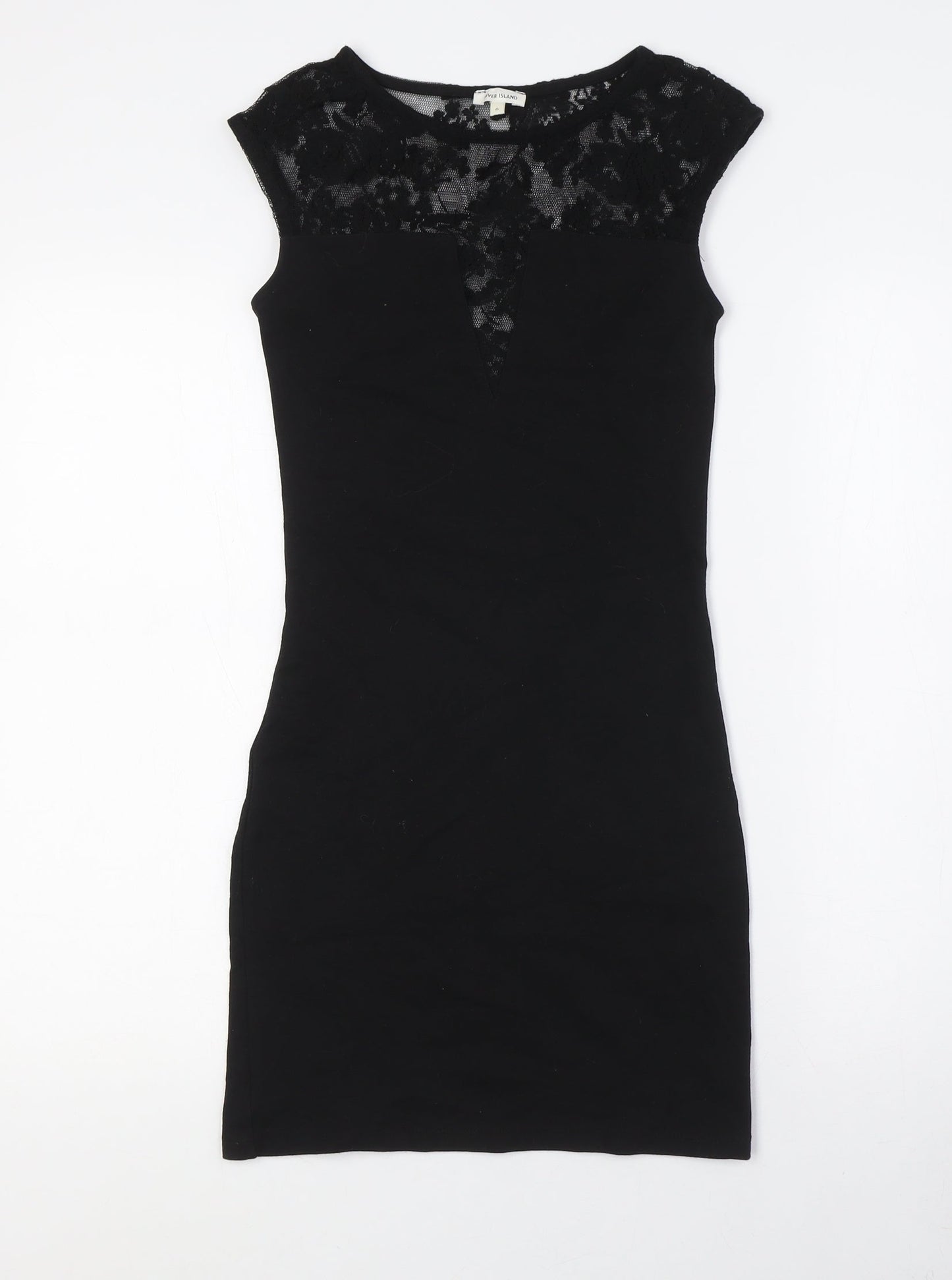 River Island Womens Black Cotton Pencil Dress Size 8 Round Neck - Lace Detail