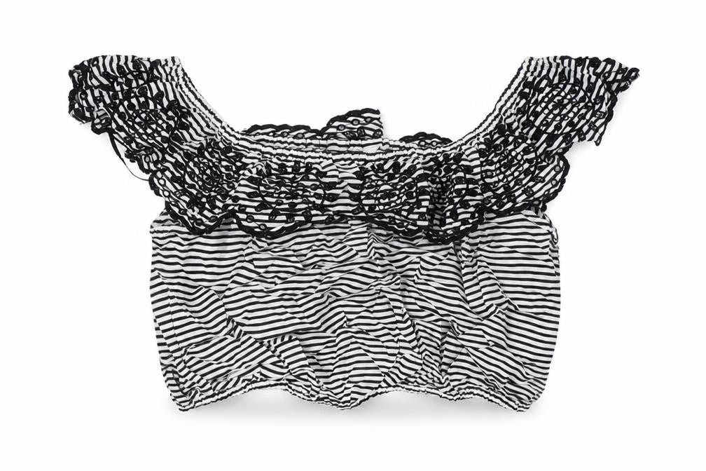 Front view of Miss Selfridge women’s black striped polyester cropped blouse, off the shoulder - embellished collar