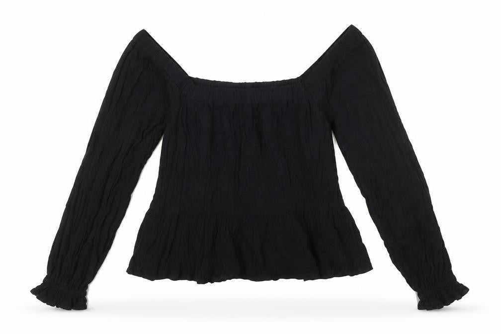 Front view of ASOS women’s black viscose basic blouse, size UK 8, square neck - peplum