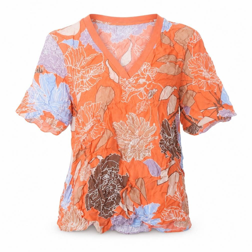 Front view of Autograph women’s multicoloured floral cupro basic t-shirt, size UK 6, v-neck