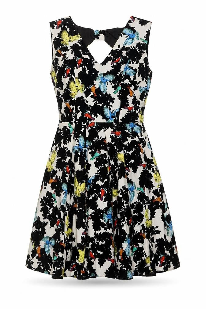 Red Herring Womens Multicoloured Floral Cotton A-Line Size 12 Round Neck Zip - Bow Back Detail