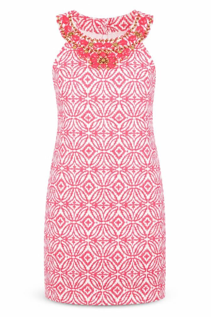 I.N.C Womens Pink Cotton Pencil Dress Size 12 Round Neck Button - Beaded Neck