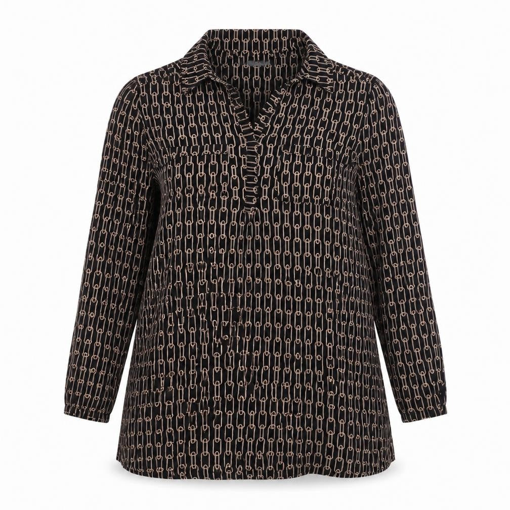 Front view of Principles women’s black polyester tunic blouse, size UK 14, v-neck