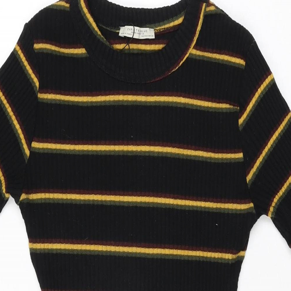 Zara Womens Black Striped Polyester Bodycon Size S Round Neck Pullover