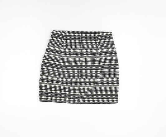 Zara Womens Black Geometric Cotton Mini Skirt Size M Zip