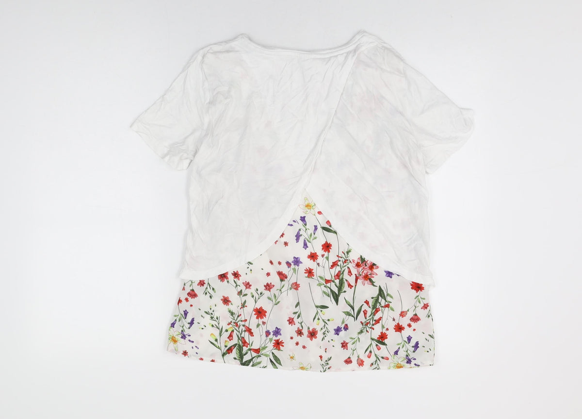 Per Una Womens White Floral Cotton Basic T-Shirt Size 10 Round Neck