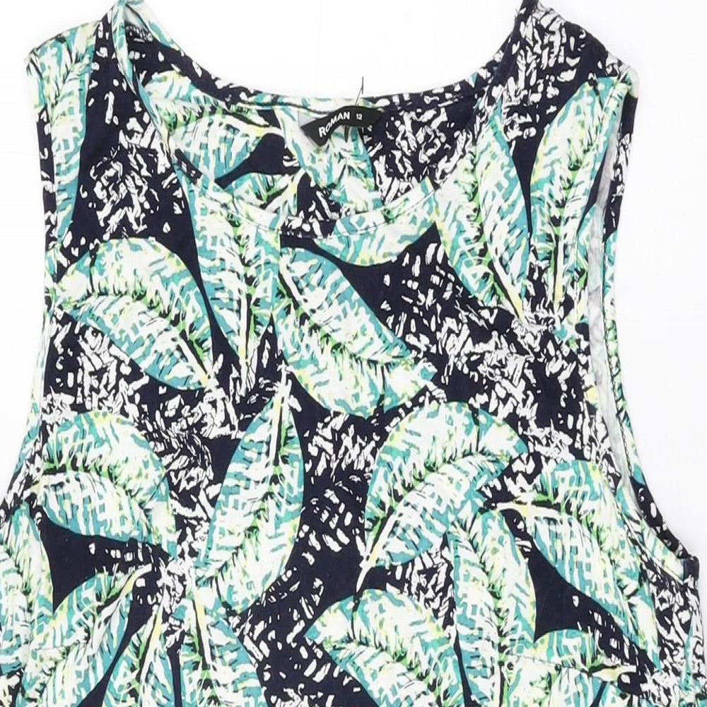 Roman Womens Blue Geometric Polyester Basic T-Shirt Size 12 Round Neck
