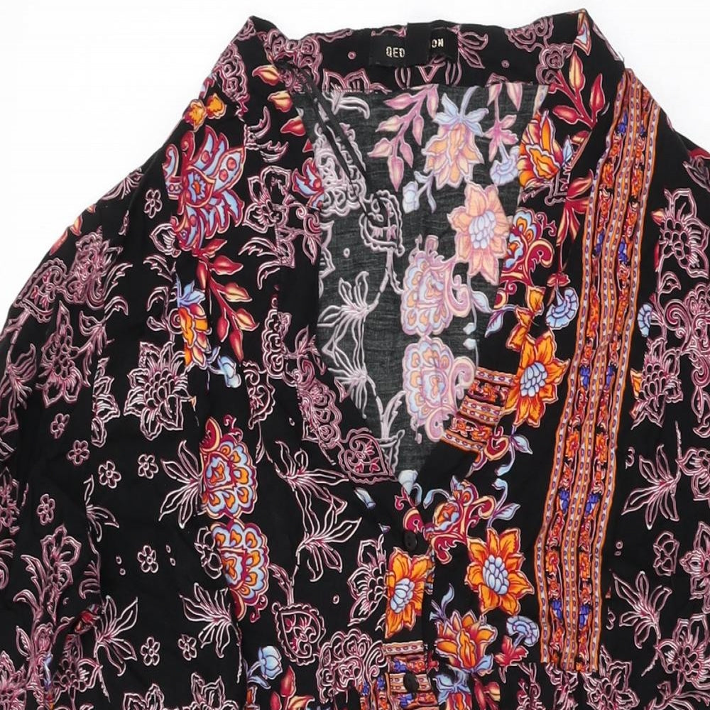 QED London Womens Black Floral Viscose Shift Size M V-Neck Button
