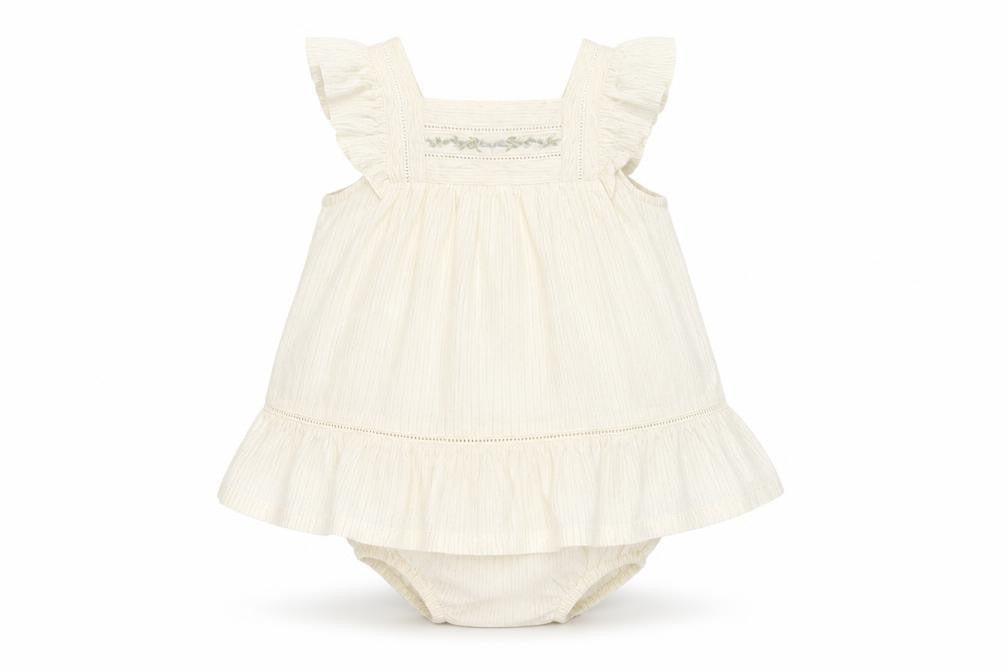 Front view of Sergent Major girls’ ivory cotton shorts set outfit/set, size 12, months button