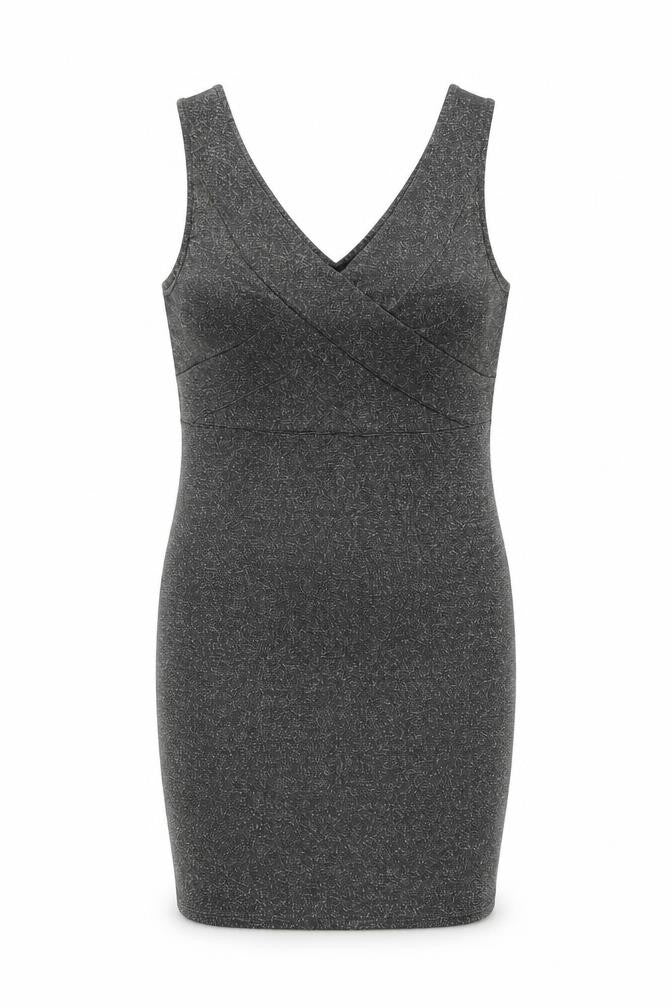 Front view of Be Beau women’s grey polyester bodycon, size UK 16, v-neck pullover