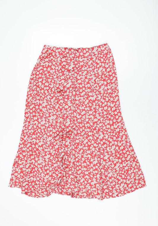 Zara Womens Red Floral Polyester Flare Skirt Size S Button