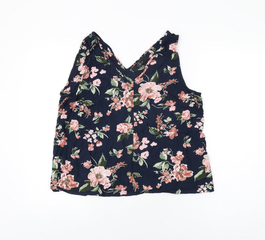 VERO MODA Womens Blue Floral Polyester Basic T-Shirt Size XL V-Neck