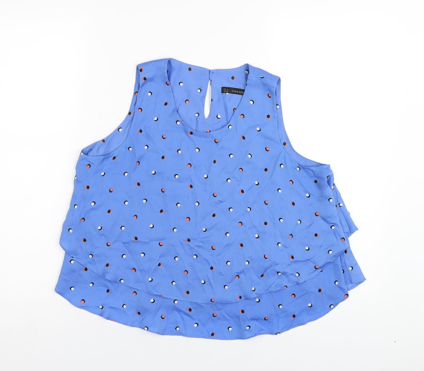 Zara Womens Blue Geometric Polyester Basic Tank Size M Round Neck