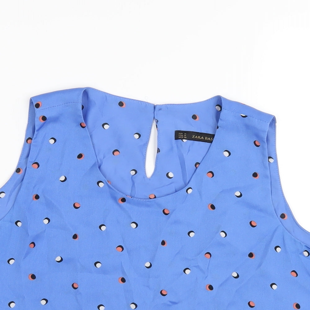 Zara Womens Blue Geometric Polyester Basic Tank Size M Round Neck