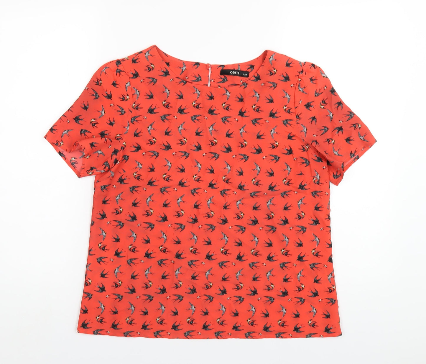 Oasis Womens Red Geometric Polyester Basic T-Shirt Size 12 Round Neck