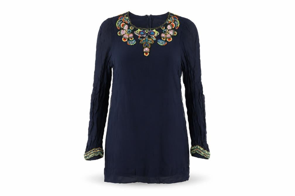 Front view of French Connection women’s blue silk a-line, size S, round neck zip