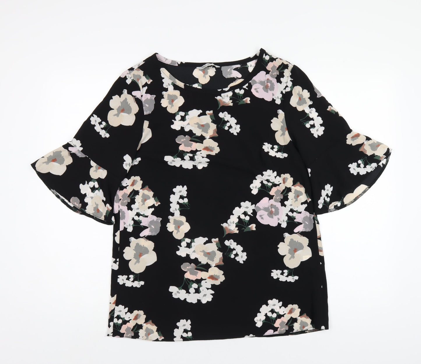 Tru Collection Womens Black Floral Polyester Basic T-Shirt Size 12 Round Neck