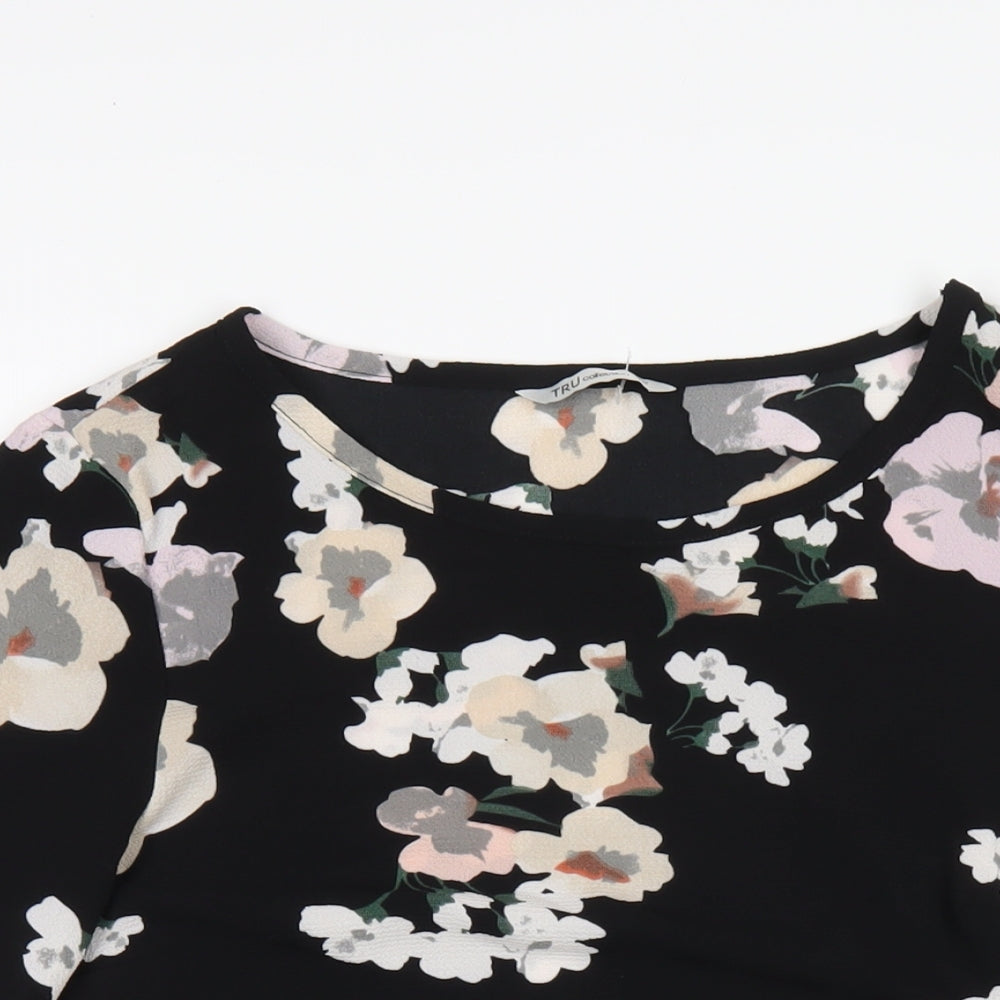 Tru Collection Womens Black Floral Polyester Basic T-Shirt Size 12 Round Neck