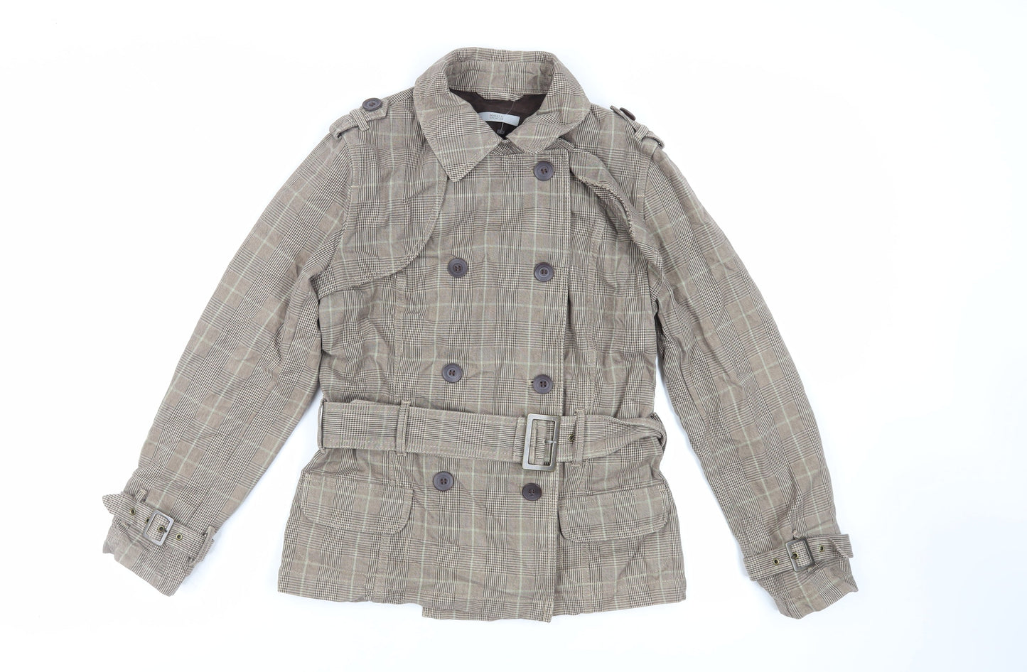 Marks and Spencer Womens Brown Plaid Jacket Size 8 Button - Belted