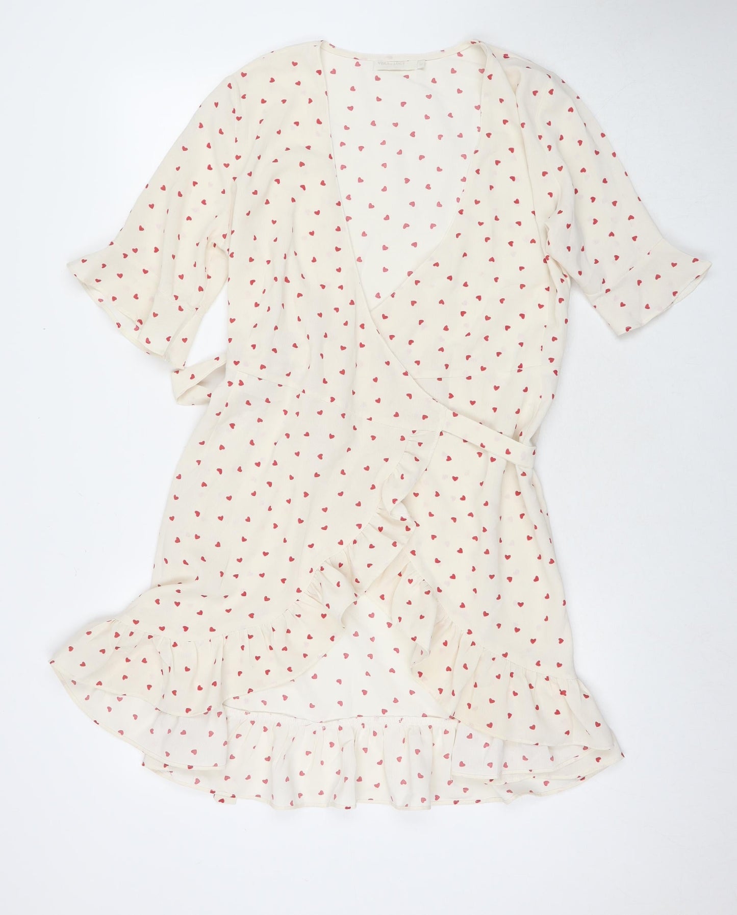 Vera & Lucy Womens White Geometric Polyester Wrap Dress Size M V-Neck Pullover - Hearts